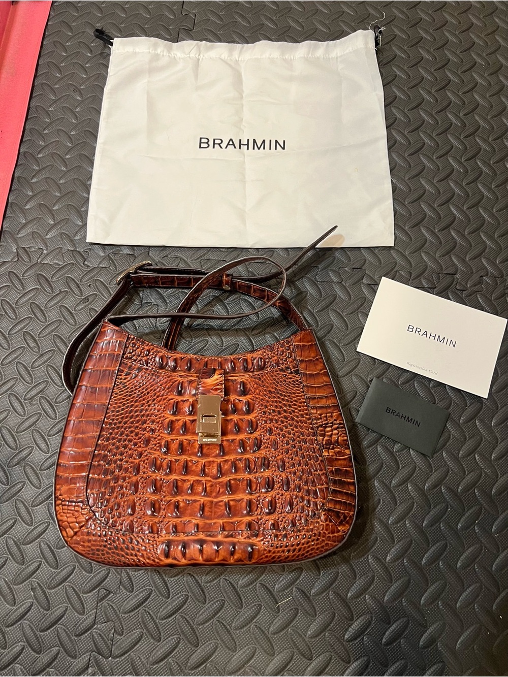 Brahmin Brown Croc-Embossed Leather Shoulder Bag with Gold Turn-Lock